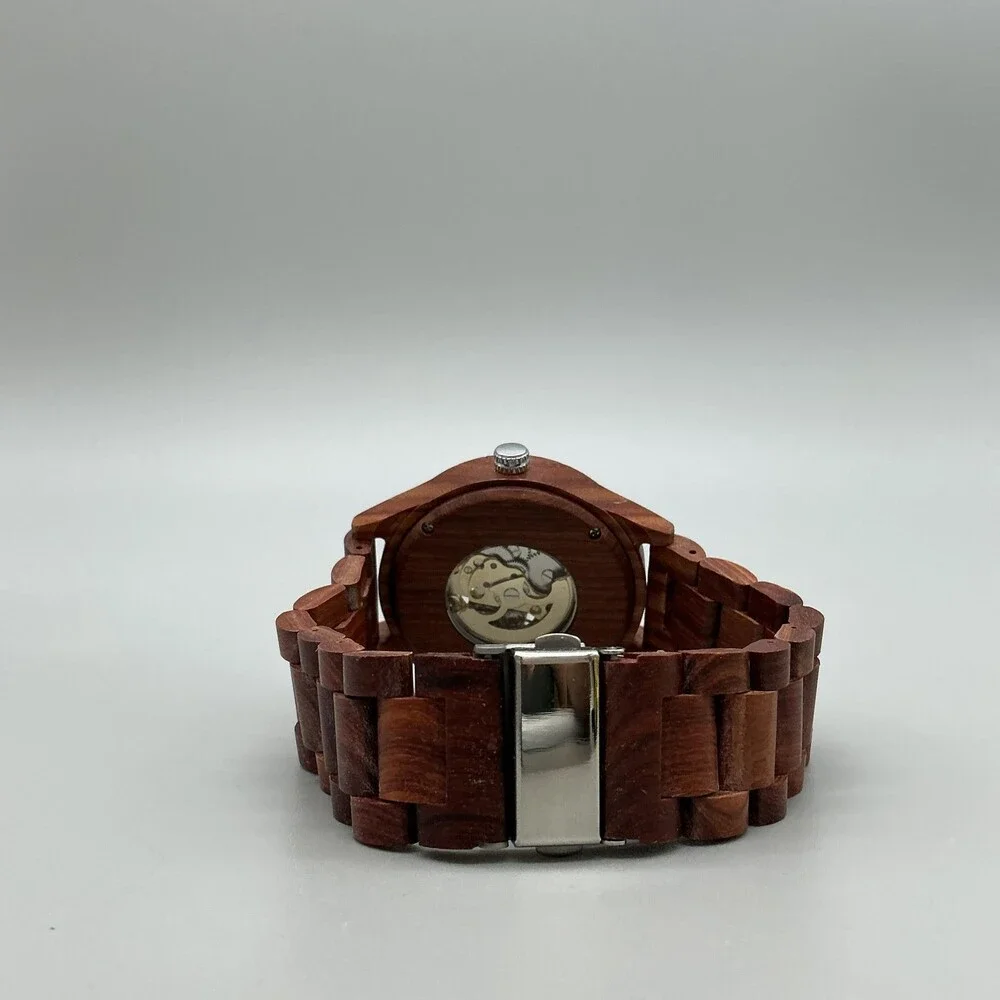 Mens Watch 45mm Brown Skeleton Dial Wood Bracelet Automatic Gold Tone 8.75
